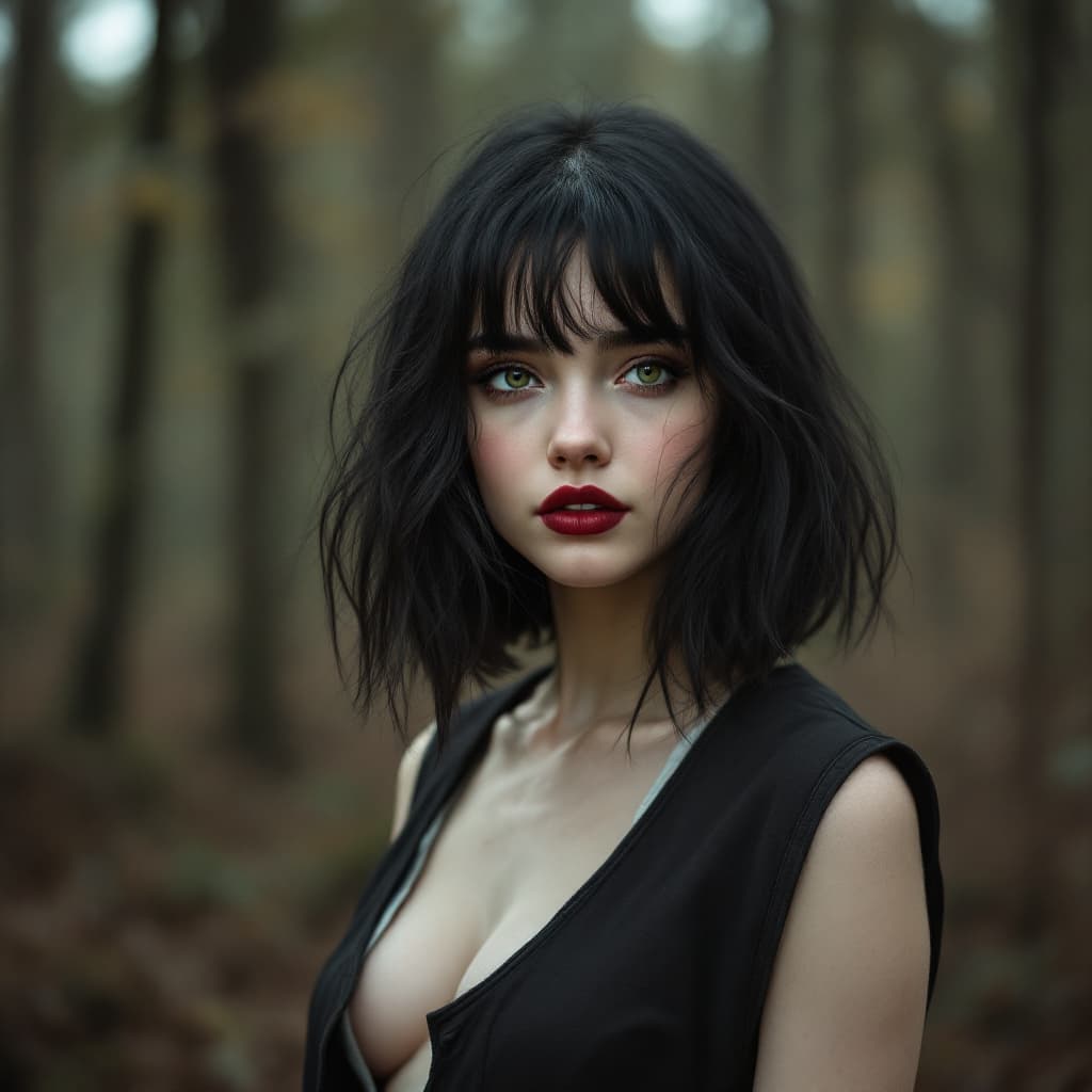 AI generated: 20 year old black haired girl, shoulder length black hair, stunning green eyes. wearing vest and sta...