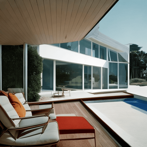 AI generated: Hyper realistic eye level exterior photo of a mid century modern style house overlooking the ocean, ...