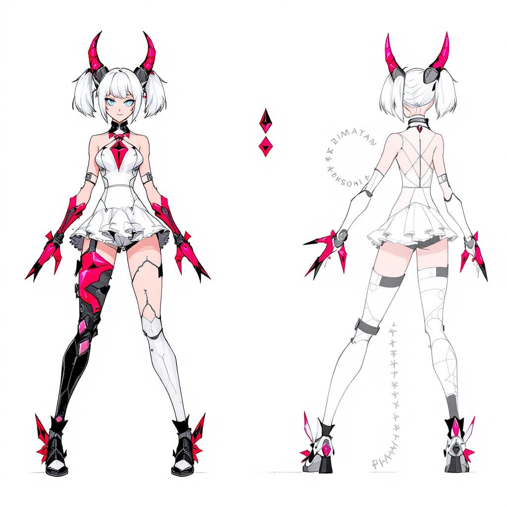 AI generated: Full-body reference of Vex, a delinquent magical girl with spiked ruby prosthetics (gem coated leg a...