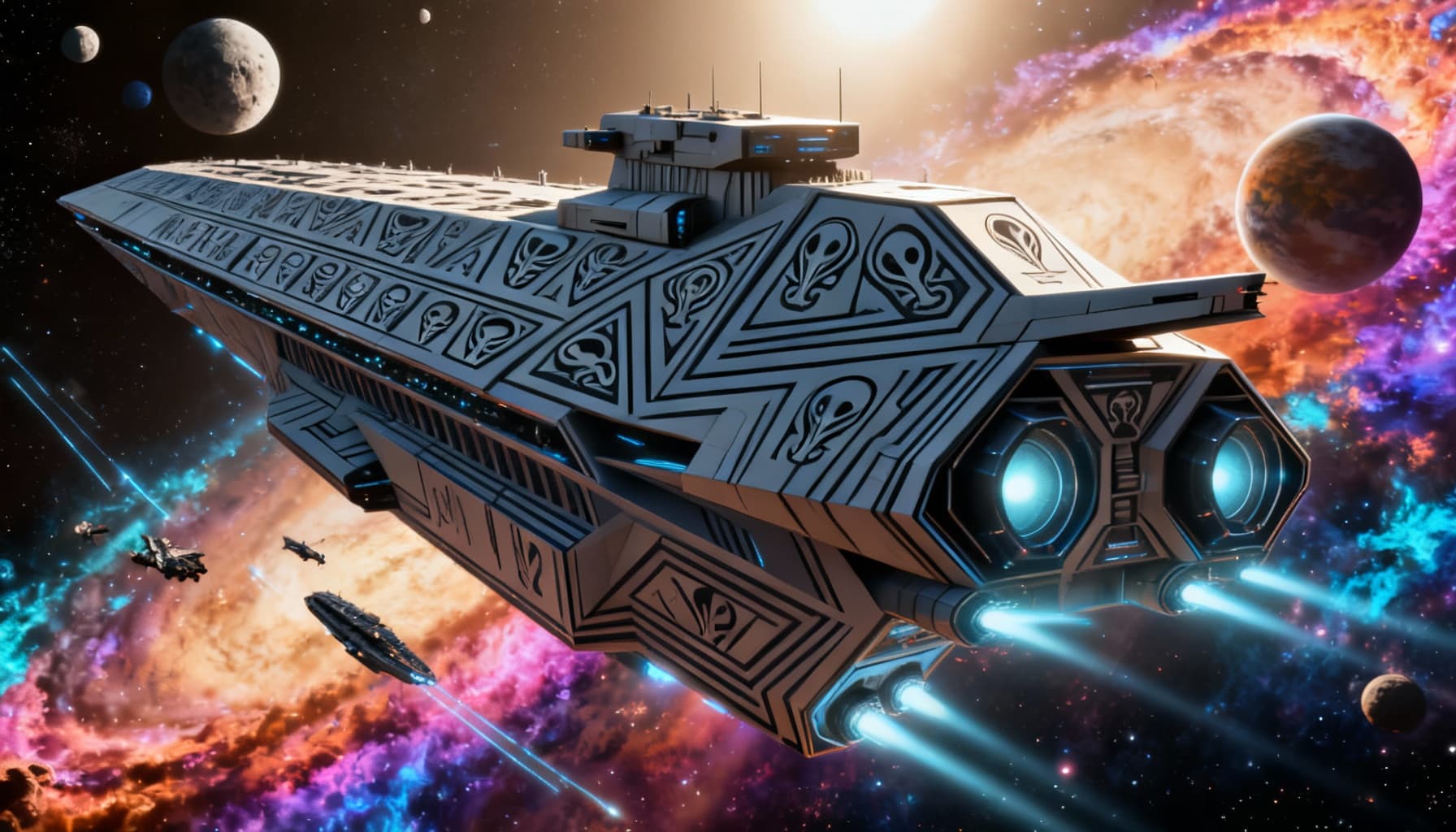 AI generated: Imagine, in detail, an alien spaceship to show a new design. An alien Mega Supercarrier. Show it in ...