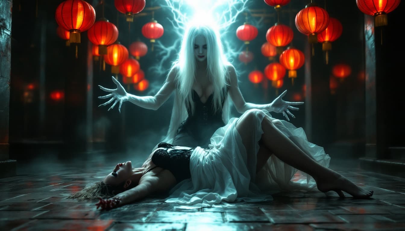 AI generated: a woman straddling a person, with a figure hovering above them. The woman has long white hair that f...