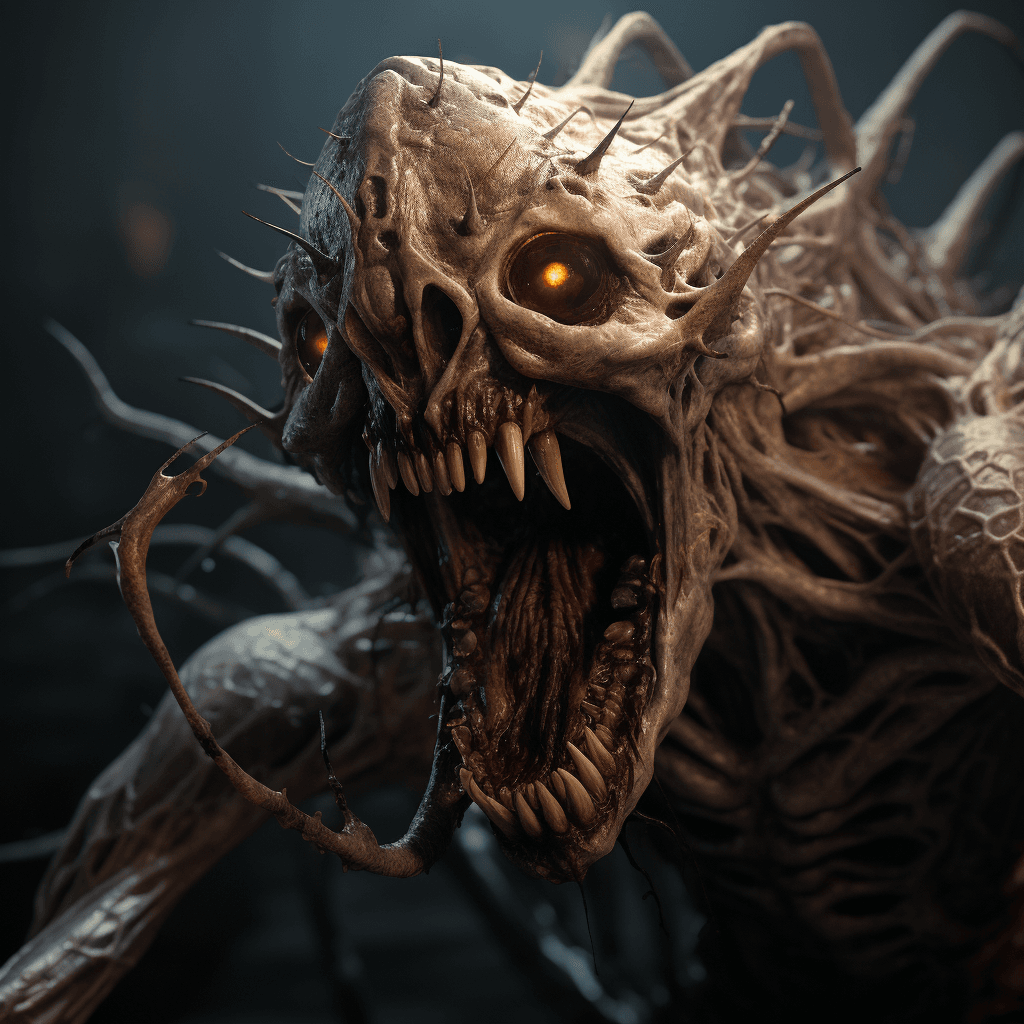 AI generated: human spider head, mutant creature with huan head and spider legs from his mouth, bizarre, by gustav...