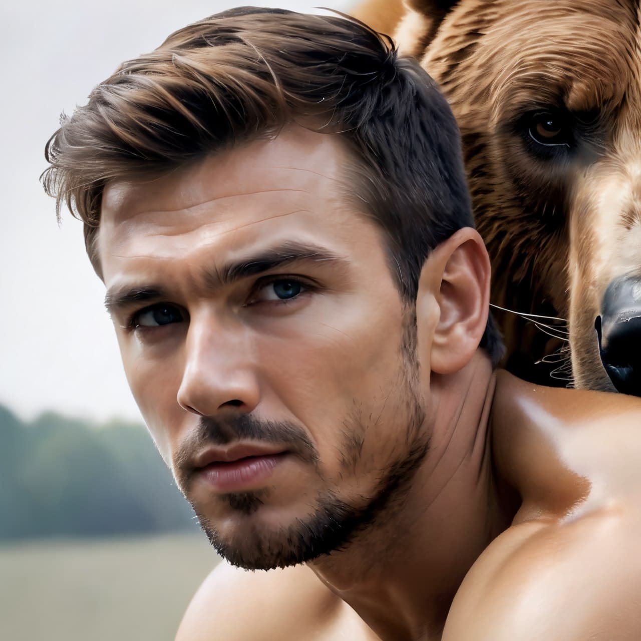 AI generated: Muscular man, a big brown bear peeks out from behind him, (Masterpiece:1.5), (best quality:1.5), <lo...