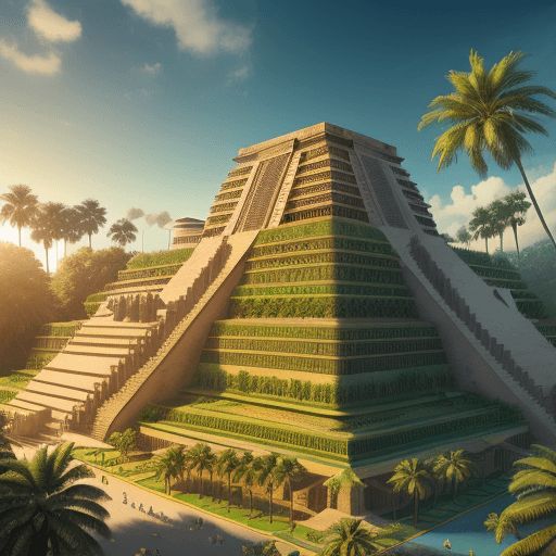 AI generated: A majestic Great Ziggurat of Ur surrounded by lush palm trees and a bustling cityscape, rendered in ...