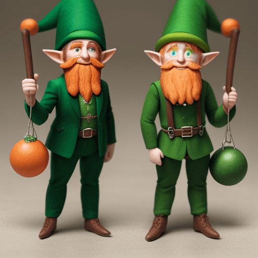 AI generated: full-length elf figures, 2 small leprechaun elves with an orange beard, in green suits with suspende...