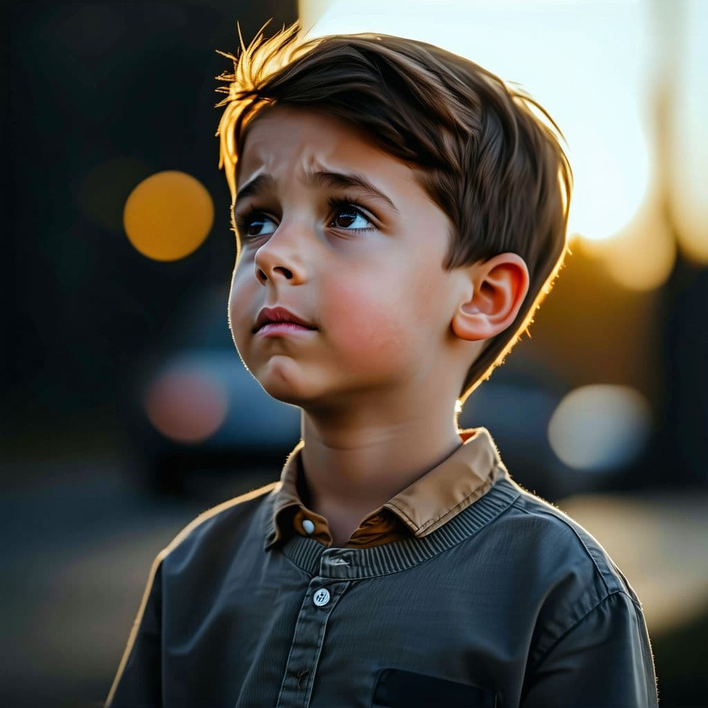 AI generated: young boy sadly looks aside, highres, realistic photo, professional photography, cinematic angle, dy...
