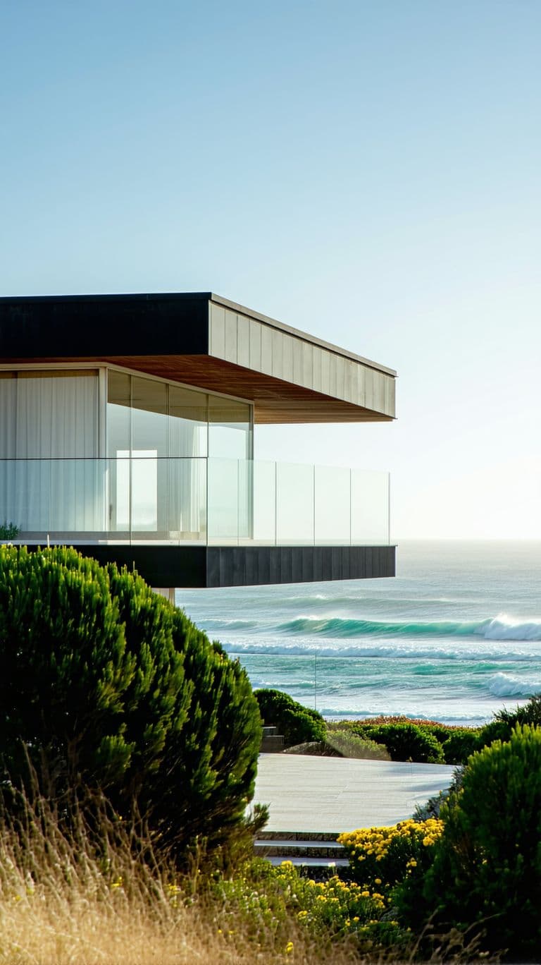 AI generated: Hyper realistic eye level exterior photo of a mid century modern style house overlooking the ocean, ...