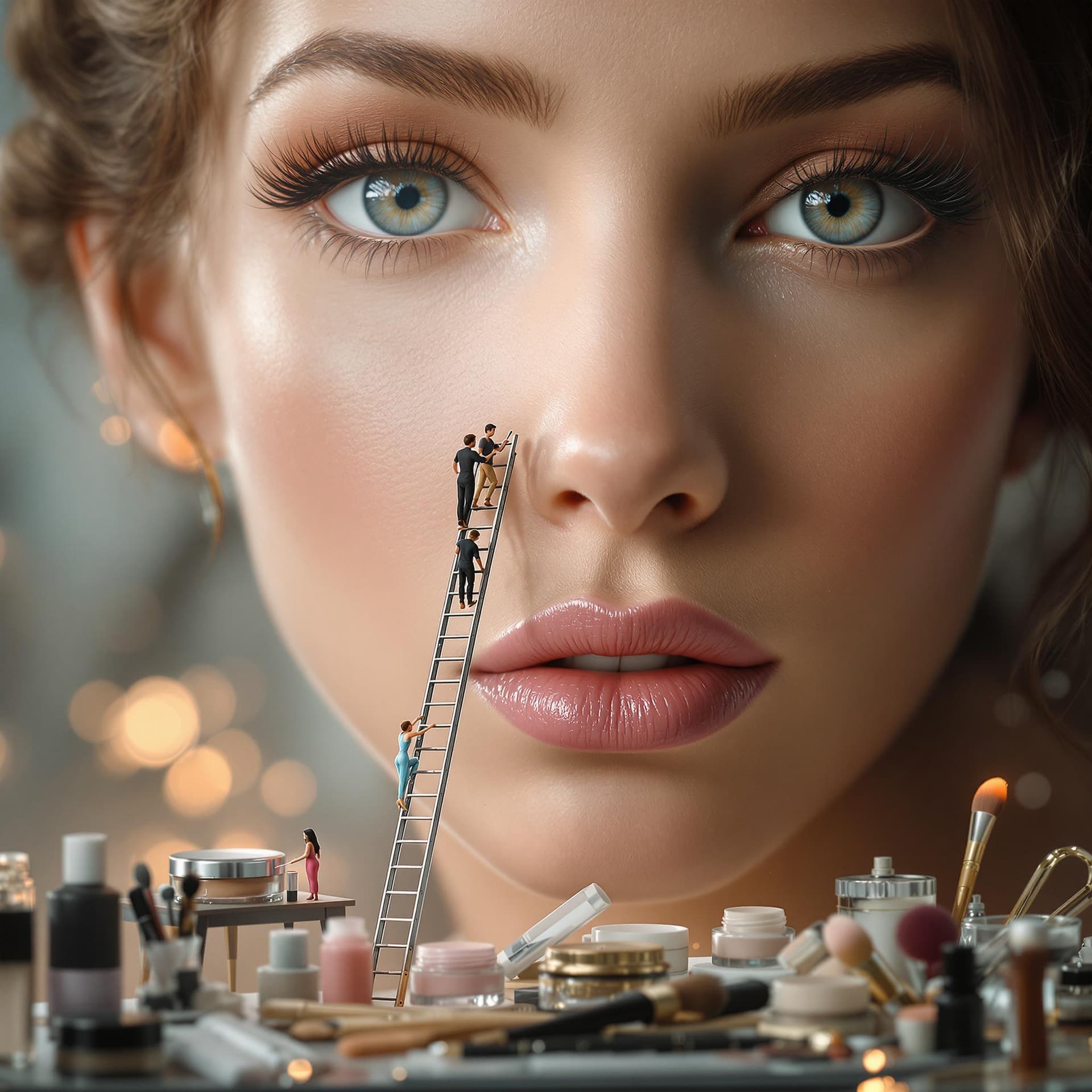 AI generated: A magical scene where tiny makeup artists are standing on a long miniature ladder, applying makeup t...