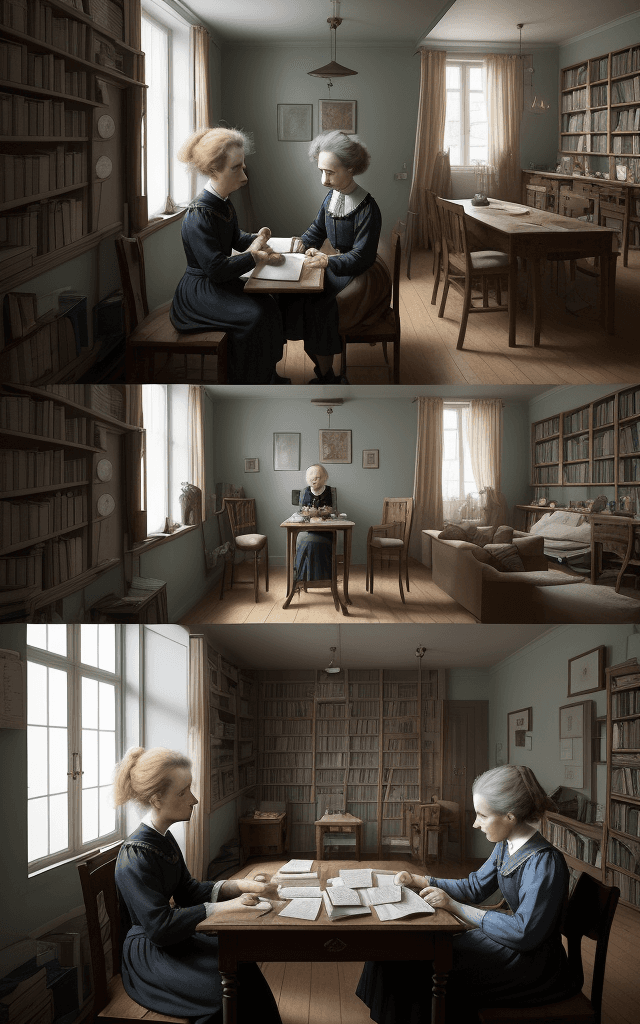 AI generated: Craft a poignant scene between Marie Curie and her sister, Bronislawa. Set it in their shared living...