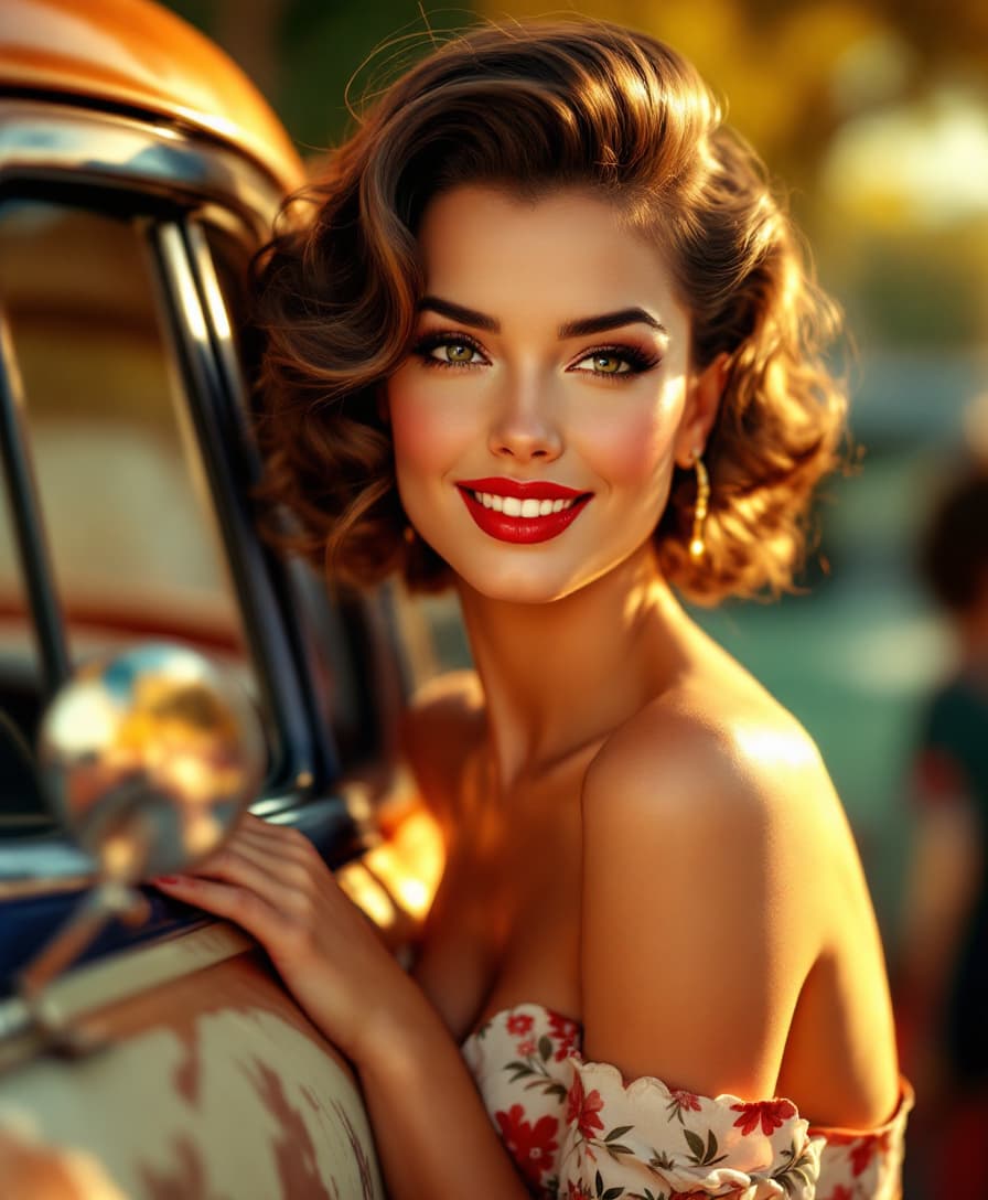 AI generated: photorealistic, (hyperrealistic) portrait of a 50s pinup model, posing alluringly by a classic vinta...