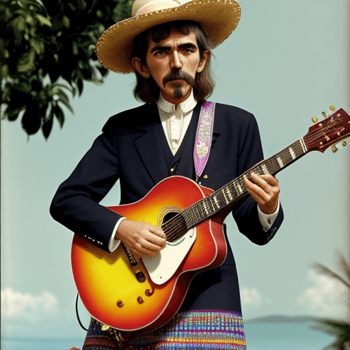 AI generated: george harrison, en mexico, con guitarra y traje de charro, colores brillantes 
