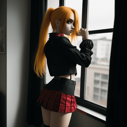 AI generated: A beautiful woman standing next to a window, posing in black long sleeves and a short micro miniskir...