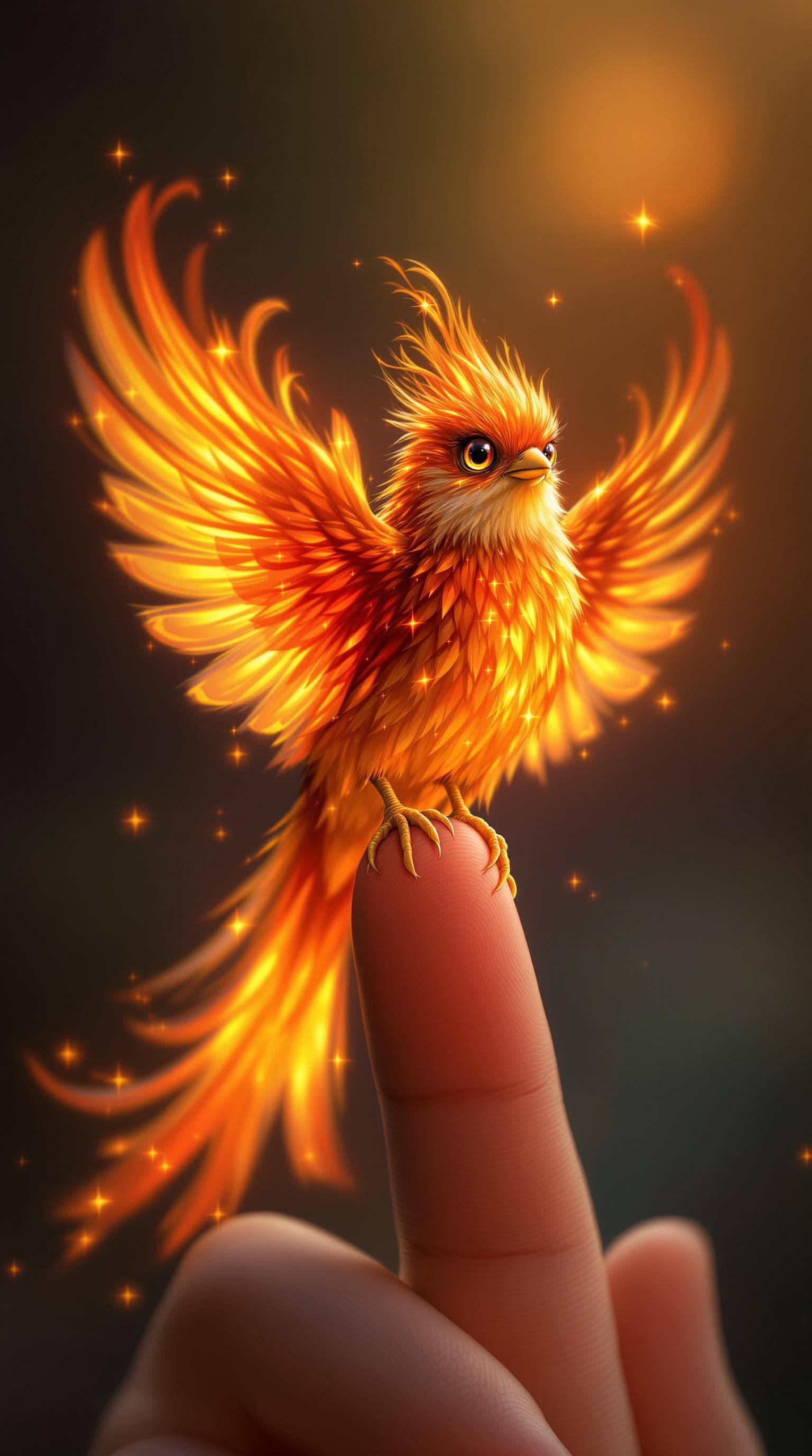 AI generated: Create a detailed and enchanting image of a tiny fire bird perched on a person's finger. The fire bi...