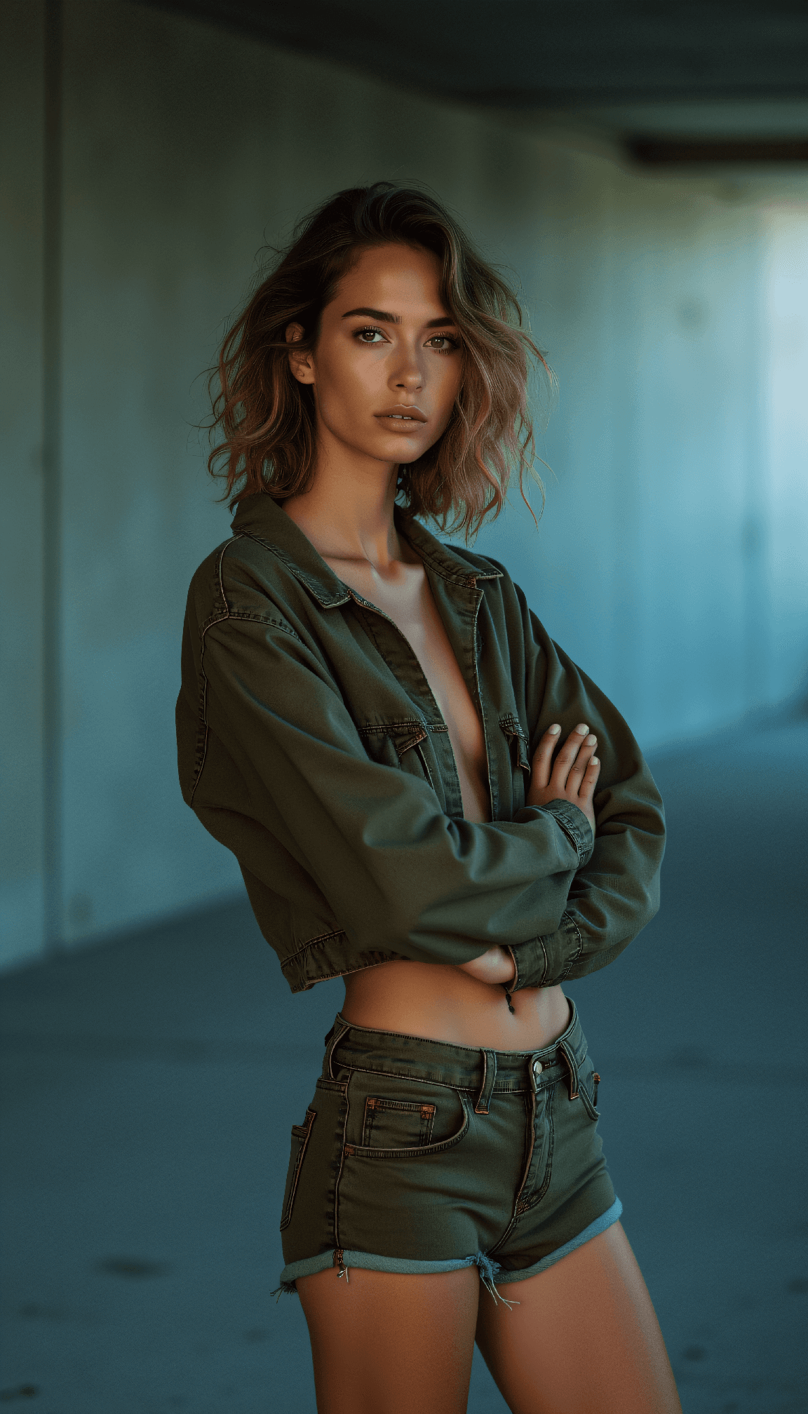 AI generated: paparazzi, Brutalist high Fashion head shot photo of a 24 year old Albanian-Chin female chic fashion...