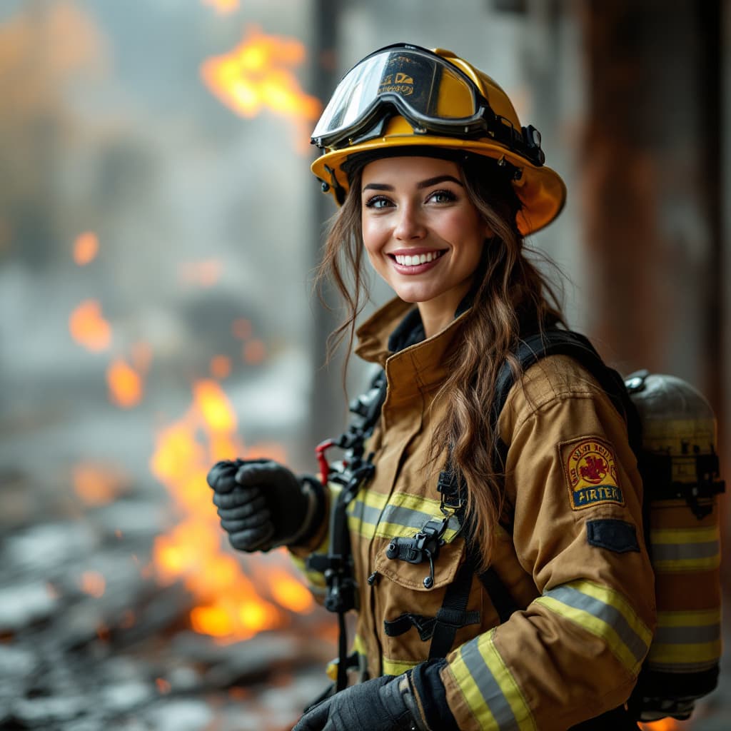 AI generated: A pretty female firefighter in full gear, putting out a fire, with a confident smile, photorealistic...