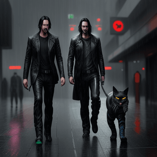 AI generated: sad keanu reeves with cyber cat walking in rain (cyberpunk style) . hyper realistic 