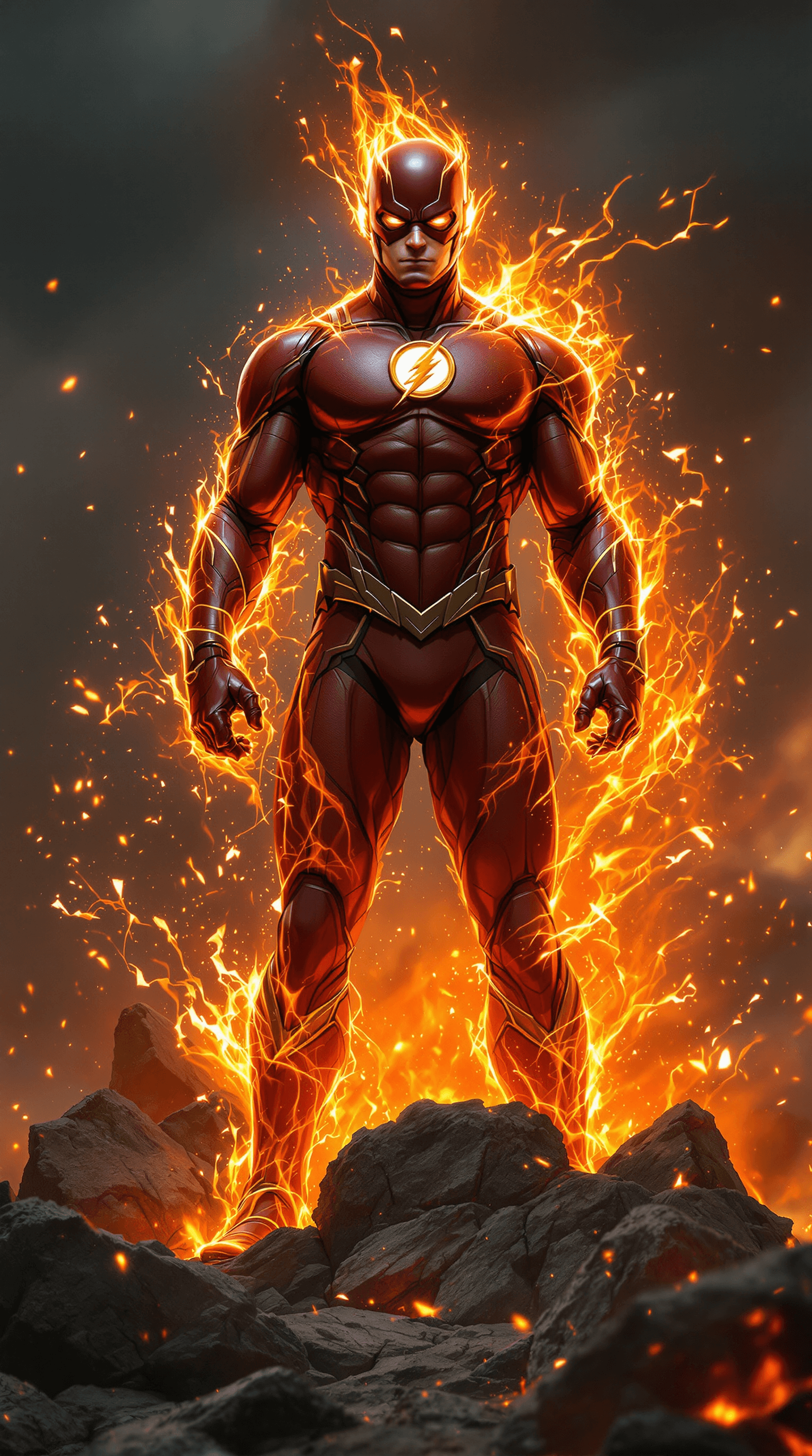 AI generated: a full-body portrait of a superhero inspired by the Flash, rising powerfully from the ashes. The her...