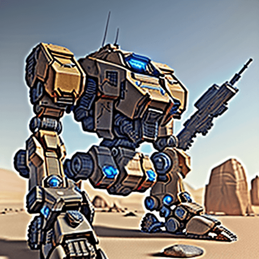 AI generated: A mechwarrior with back ankle ,electronics,details ,concept,in desert with rocks and stones,machineg...