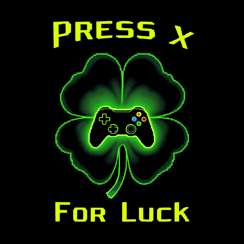AI generated: "A pixel-art style design of a lucky clover with a gaming controller in the center, glowing in neon ...