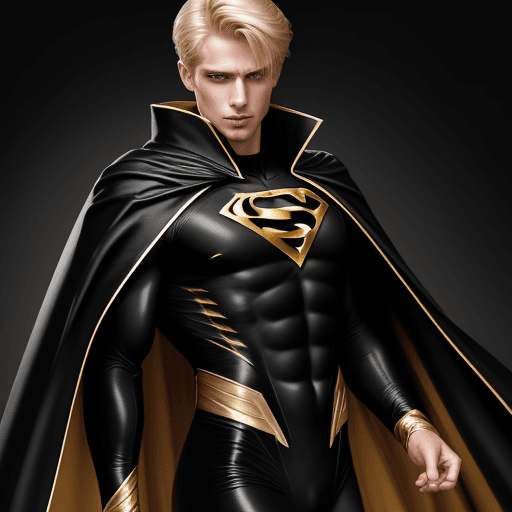 AI generated:  handsome blond male superhero wearing black and gold tight fitting celestial costume with cape