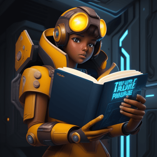AI generated: a brown skin hand holding a book, large book cover,  background in a futuristic environment, 3D cart...