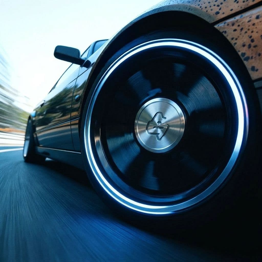 AI generated: replace the center of the wheel with a clean metallic badge containing the minimal logo, perfectly a...
