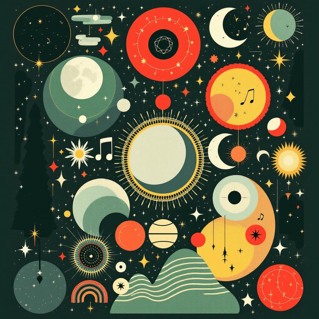 AI generated: A colorful poster with various shapes and patterns, including moons, musical notes, constellations, ...