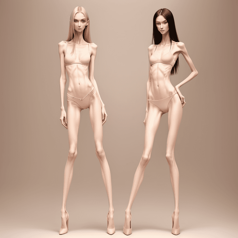 AI generated: photo of two an extremely skinny, flat-chested model with extreme long and skinny legs with extreme ...