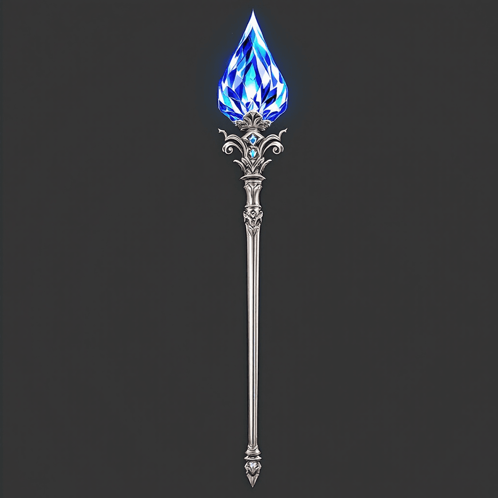 AI generated: Two foot long smooth, elegant, kingly silver scepter, no sharp metal points, rounded bottom, multifa...