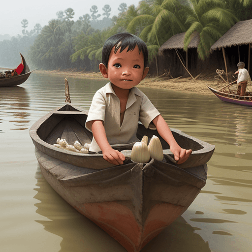 AI generated: khmer child on a boat made from garlic bulb  on the river