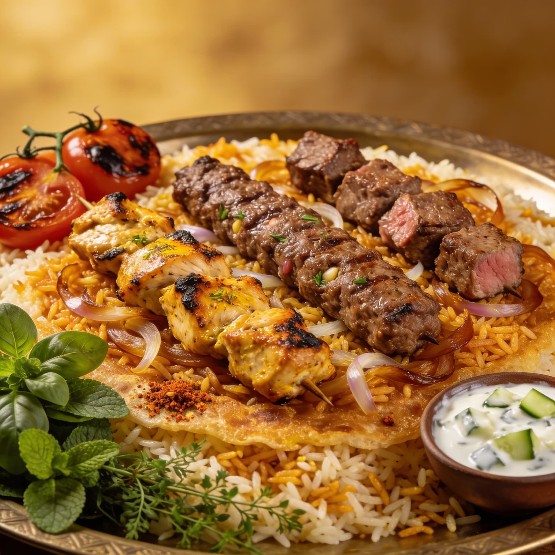 AI generated: 829Generate a photorealistic, high-resolution image of a traditional Iranian kebab platter. The plat...