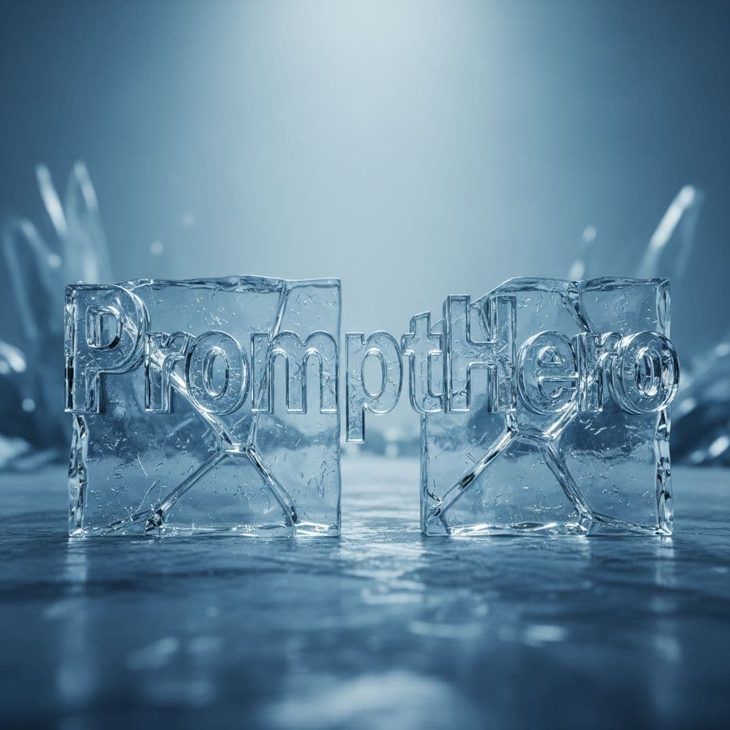 AI generated: “PromptHero” sculpted from translucent ice, detailed surface reflections, frosty edges, cold blue li...