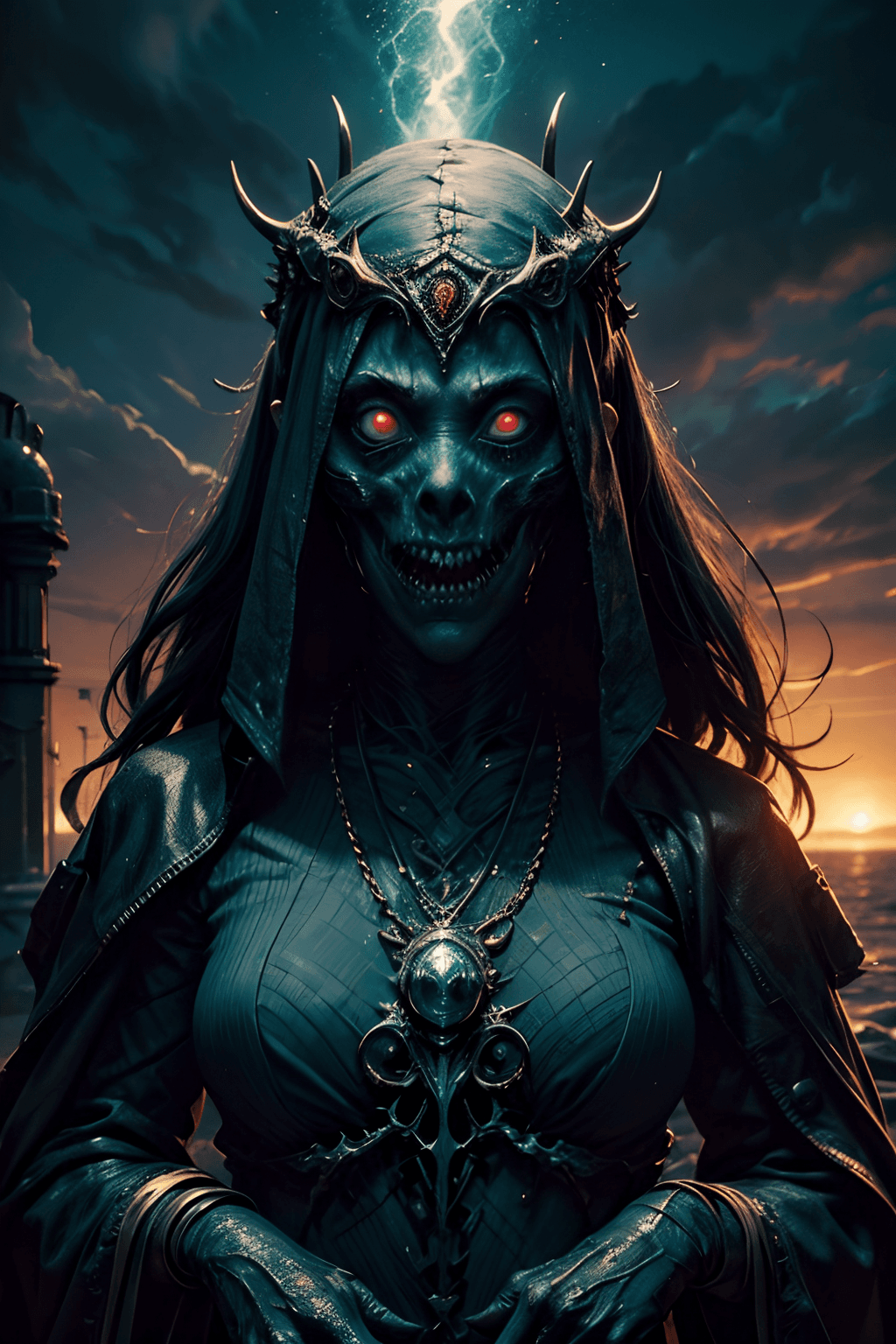 AI generated: Innsmouth, Coastal, Decaying architecture, Uncanny horror, Fish-like inhabitants, Cosmic horrors, Ma...