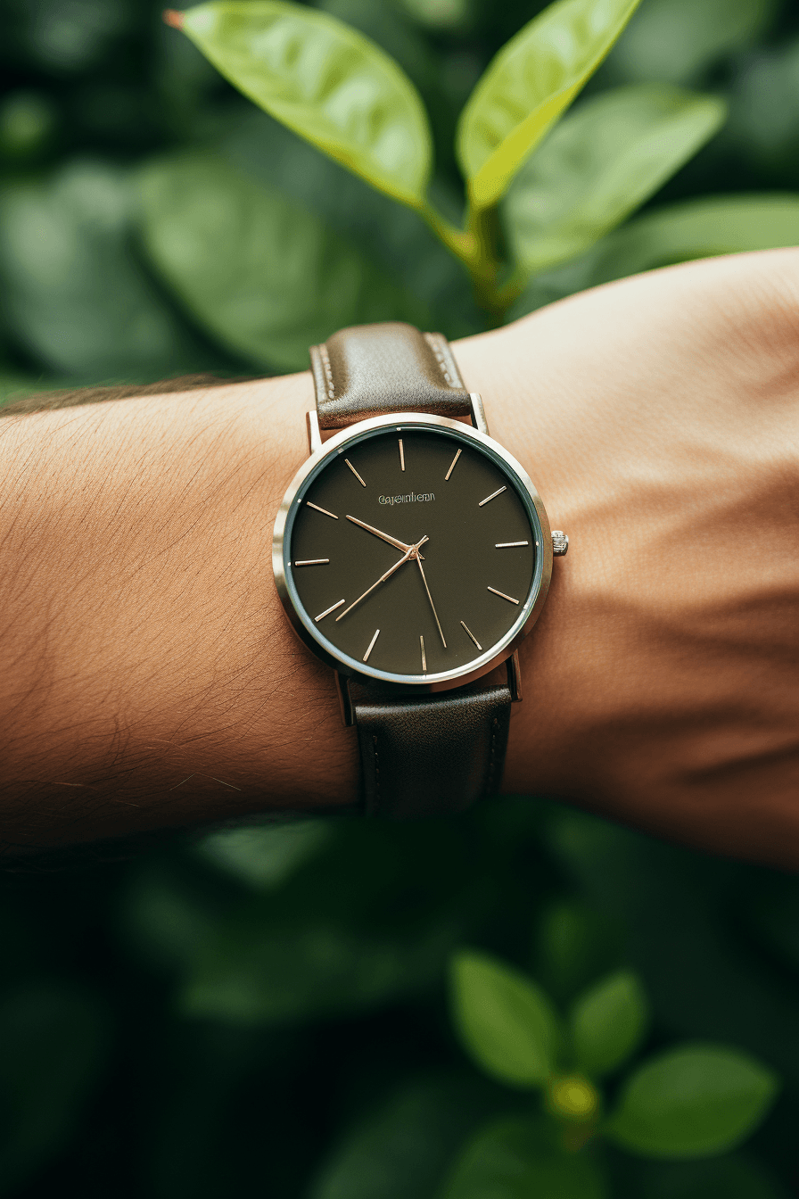 AI generated: Top - down medium shot of a black - colored metal analog watch with a round face, gold - colored han...