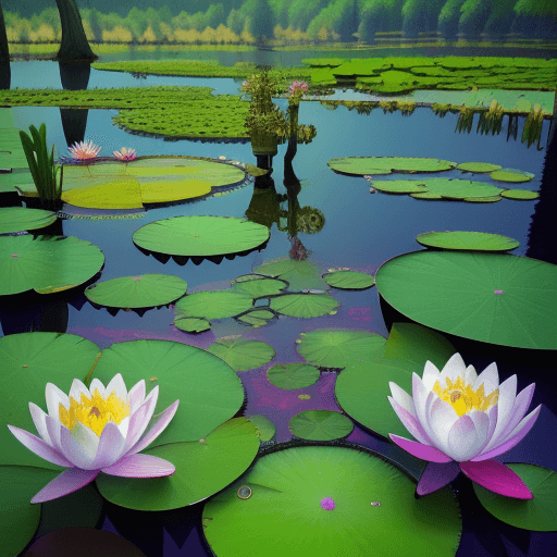 AI generated: Fractal Exotic elegance lake, waterlilies, trees, wide-angle, colorful, hyperdetailed, masterpiece 