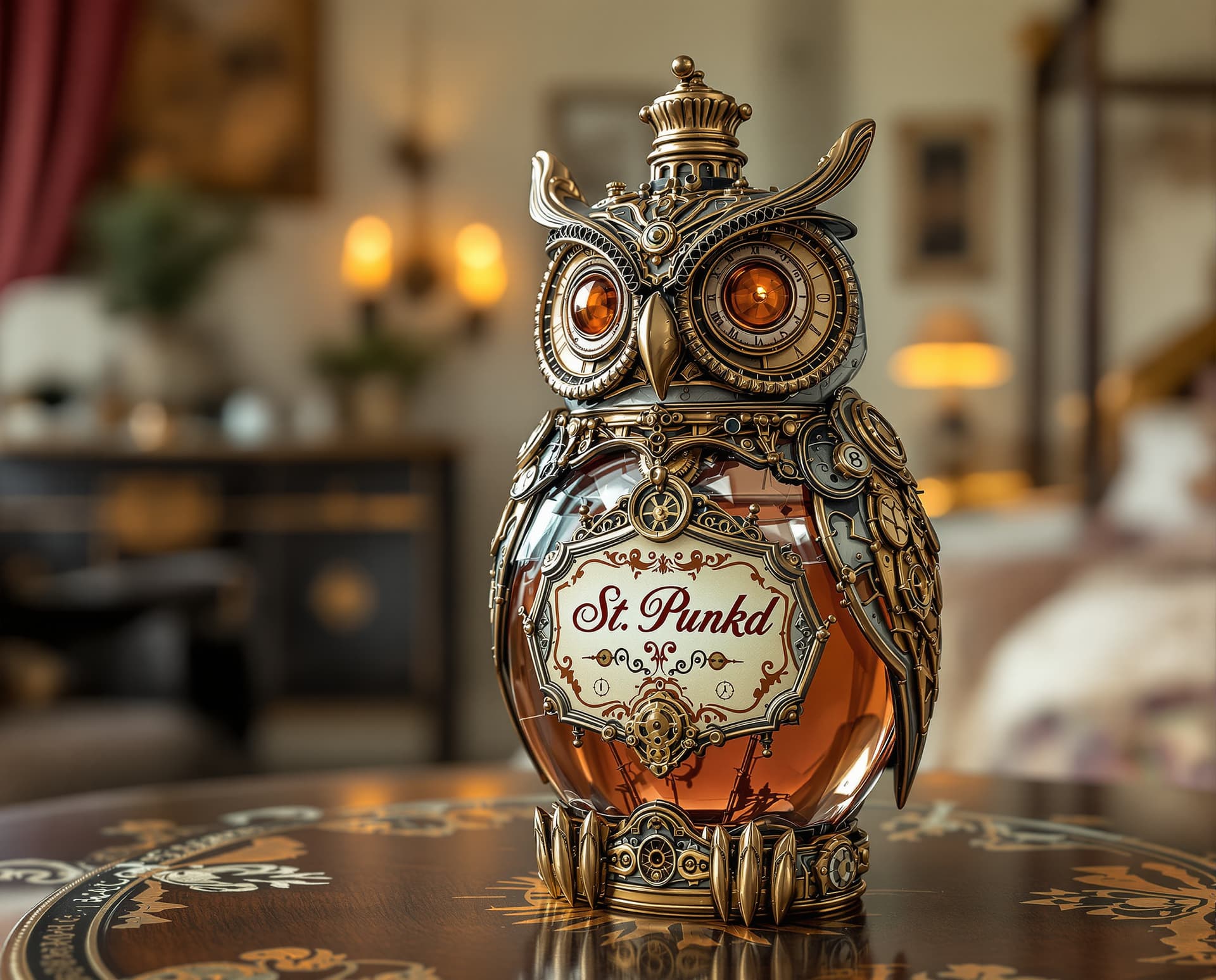 AI generated: A detailed Master crafted vintage steampunk perfume bottle and sprayer in the form of a clockwork st...