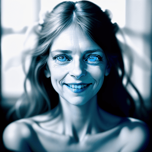AI generated: focus on the nose, sharp nose, A captivating portrait of a woman grinning, her entire face, includin...