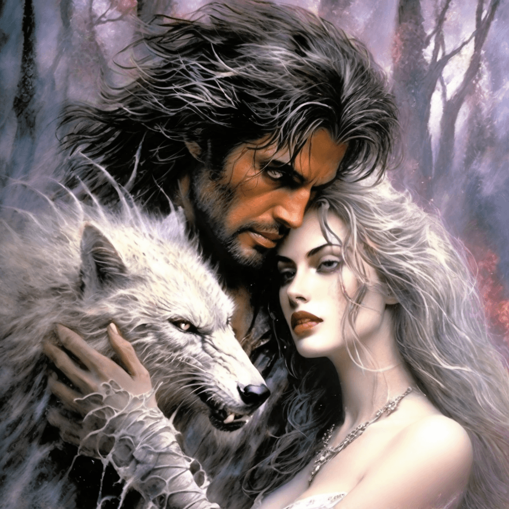 AI generated: A stunningly intricate close up portrait of a couple with a white werewolf, (((luis royo and julie b...