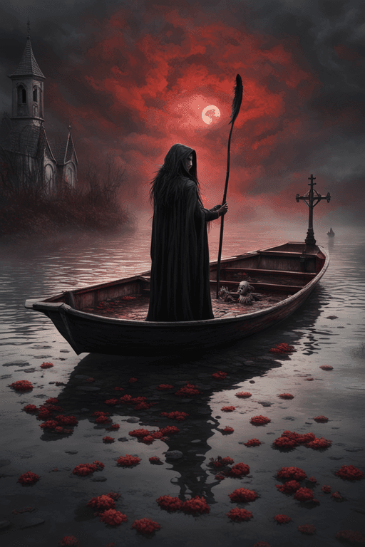AI generated: Female demon ferryman wearing a cloak of black feathers on a small boat in red water towards a small...