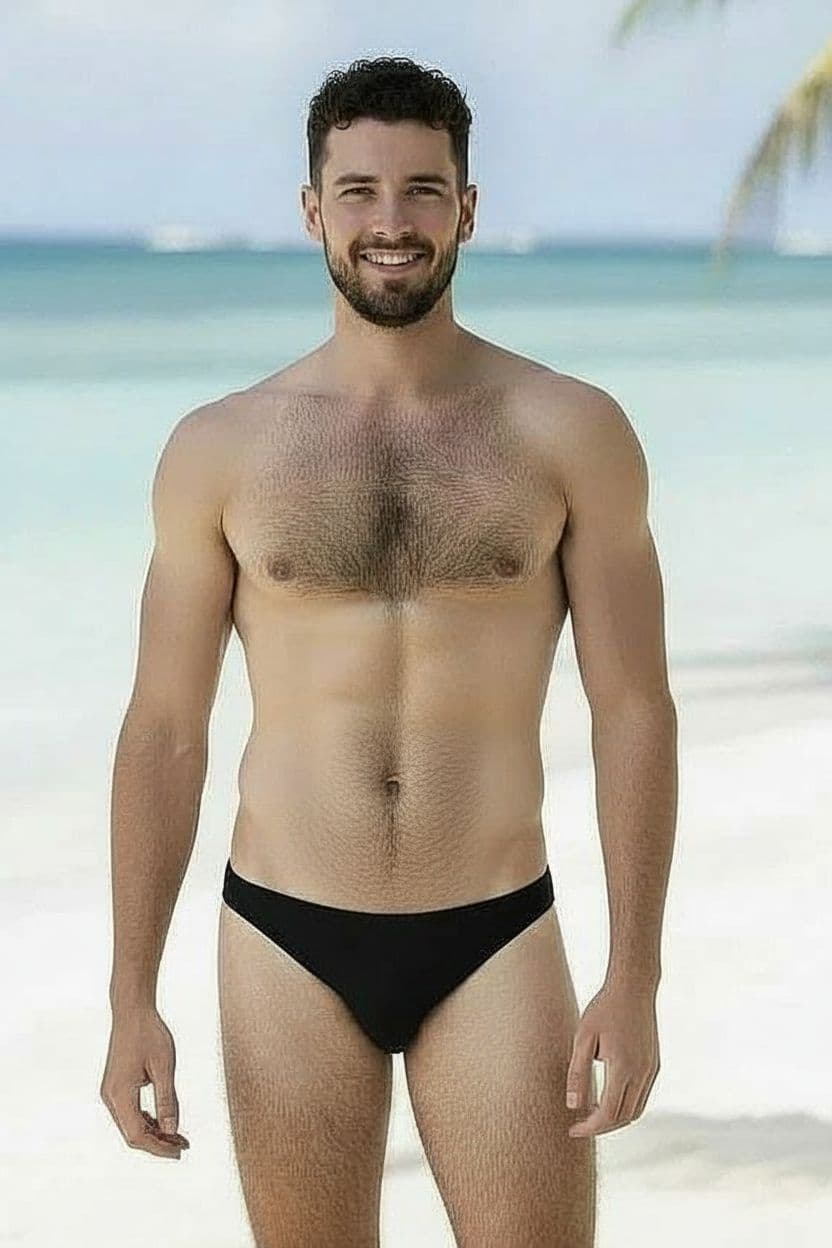 AI generated: Make bulge in front of swimsuit five times as big
Add more a two times as much musculature
Add mor...