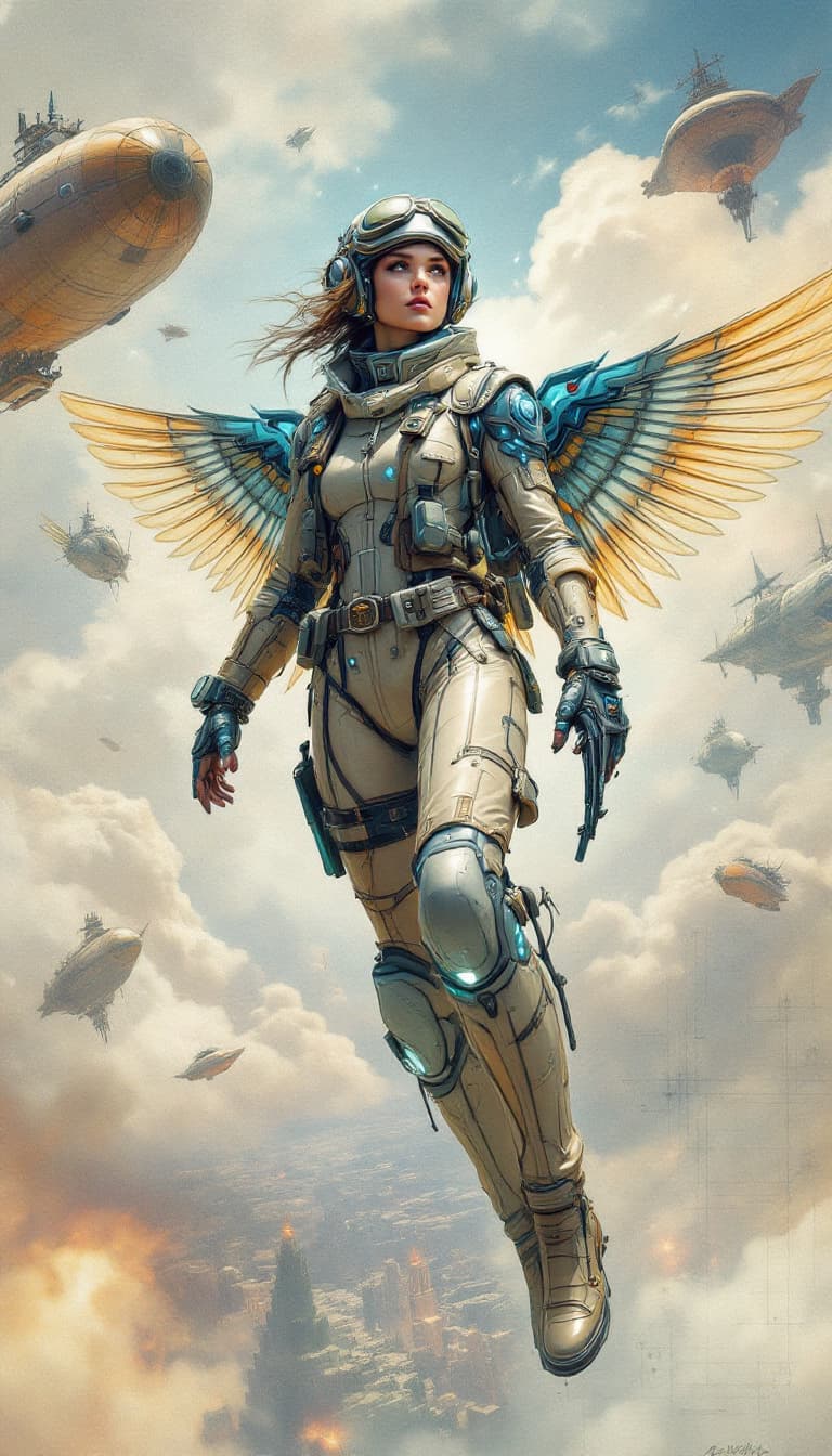 AI generated: Cybernetic Aeronaut from the Cloud Corsairs. This adventurous graffiti-punk digital watercolor prese...