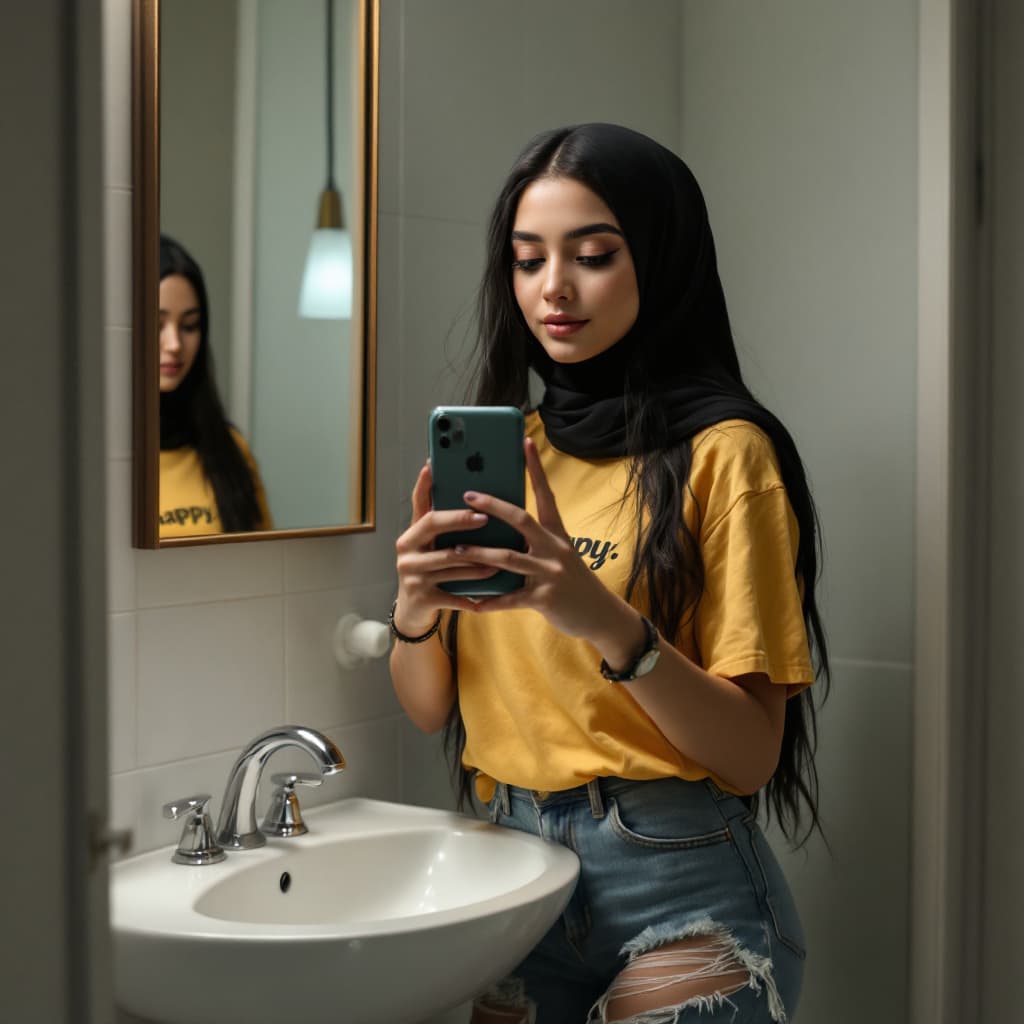 AI generated: A young muslim women with long black hair and wearing hijab is taking a selfie in her bathroom. She ...
