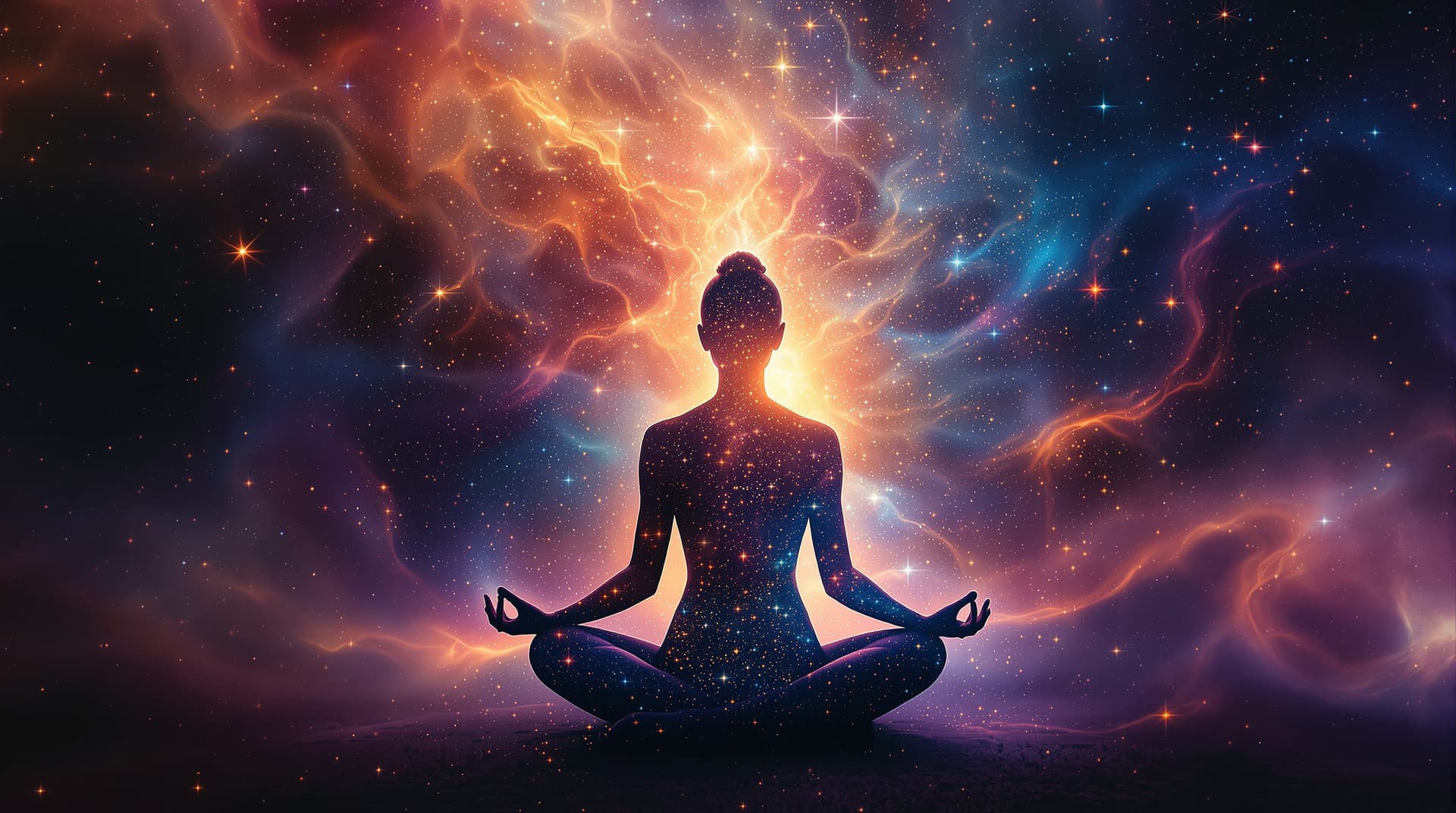 AI generated: A solitary woman in a deep meditative state, her form dissolving into a vibrant nebula.