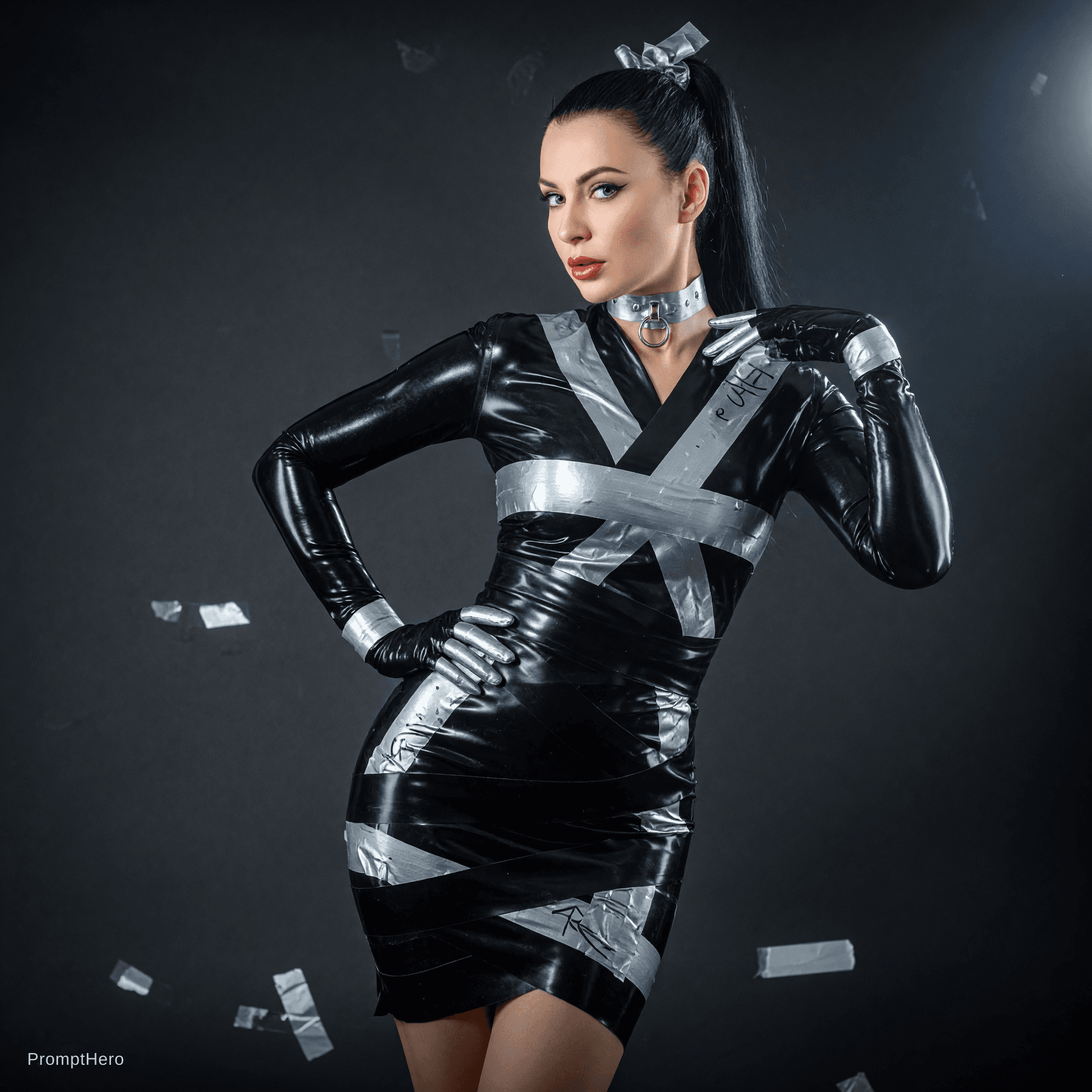 AI generated: latex woman wraparound tape gagged with silver pvc tape