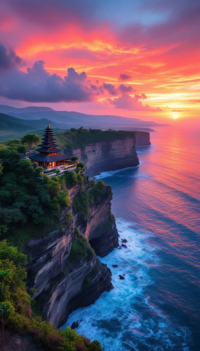 AI generated: A stunning sunset view from Uluwatu cliffs in Bali, overlooking the vast ocean. The sky is painted i...