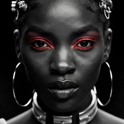 AI generated video: Black-and-white photography of an African American woman with glowing neon-red eye makeup, futuristi...