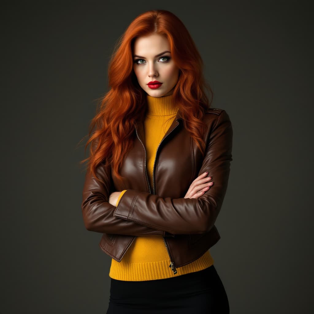 AI generated: pertty woman, red long hair,green eyes, red lips, yellow sweater, tight sweater, short leather jacke...