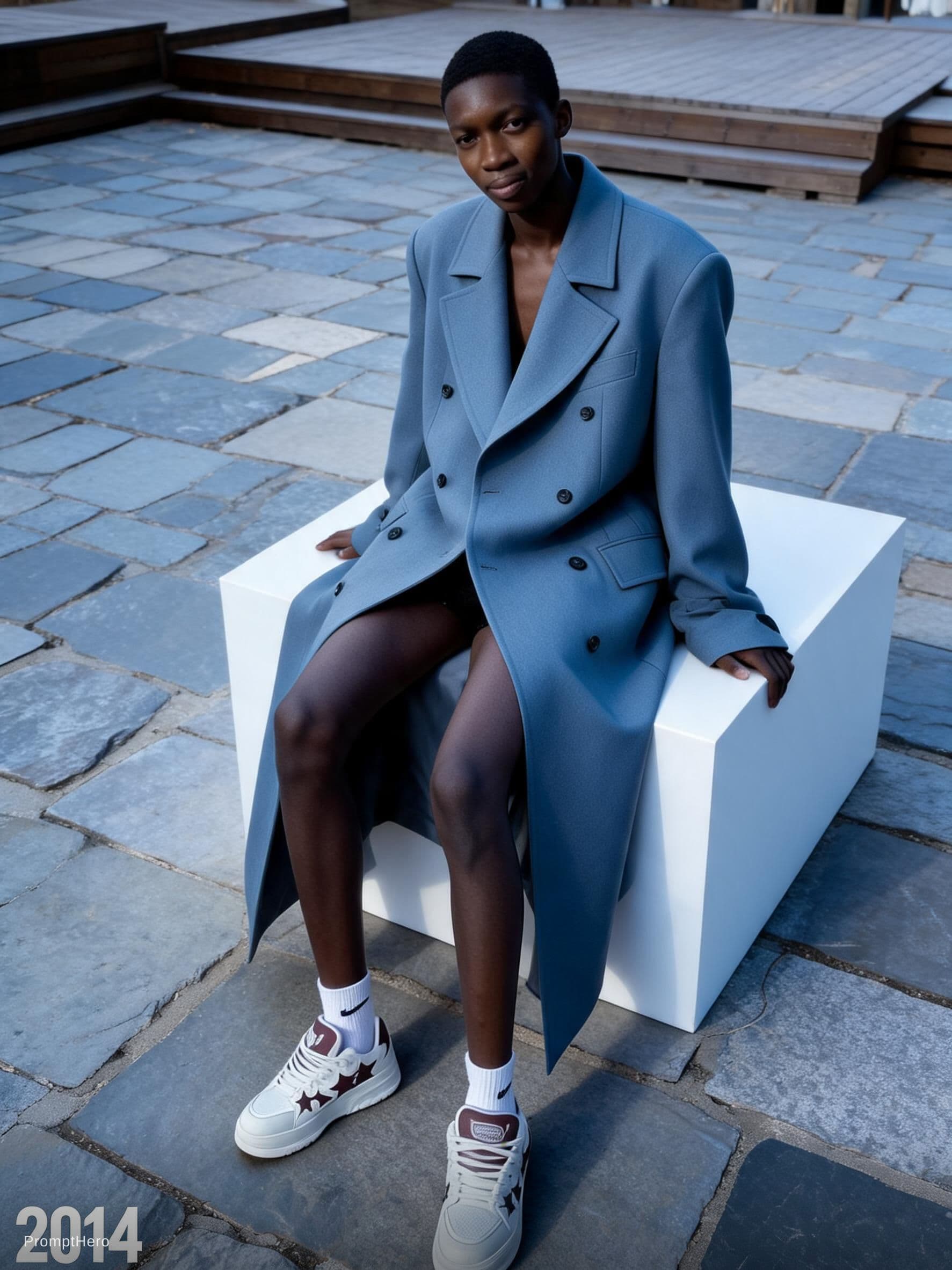 AI generated: sitting on top of a white cube, official jil sander editorial, blue and grey tones, trending on inte...