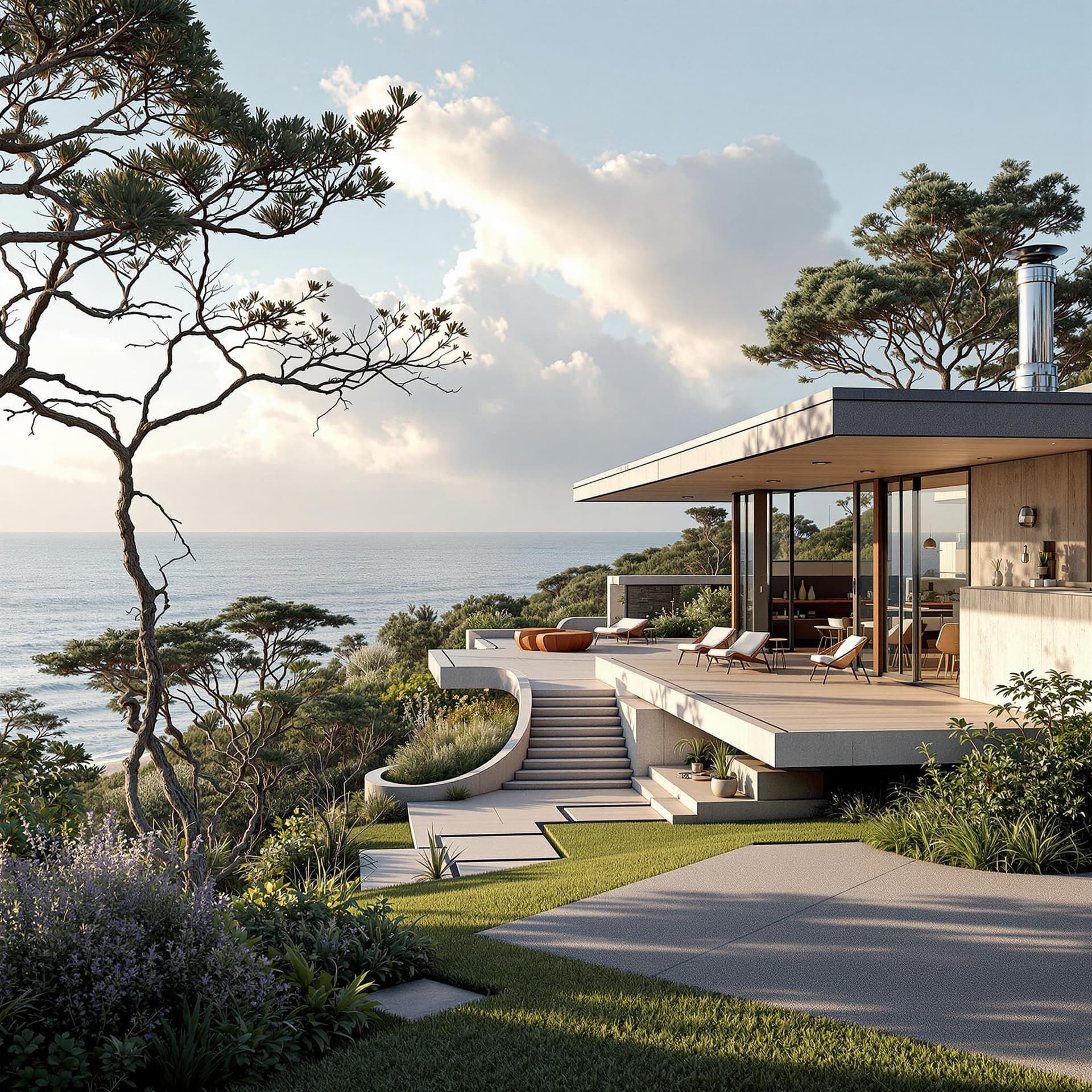 AI generated: Hyper realistic eye level exterior photo of a mid century modern style house overlooking the ocean, ...