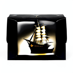 AI generated: Photo of a ultra realistic sailing ship, black gift box, open box 